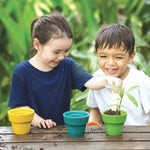 four colourful plant pots in green