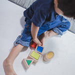 A child sitting on a floor playing with the PlanToys Geo Matching Blocks. 