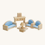 Plan Toys living room furniture set for the doll house. Made from natural, sustainable rubberwood  this living room set includes a sofa for two, two armchairs, coffee table, lamp, television and console table. 