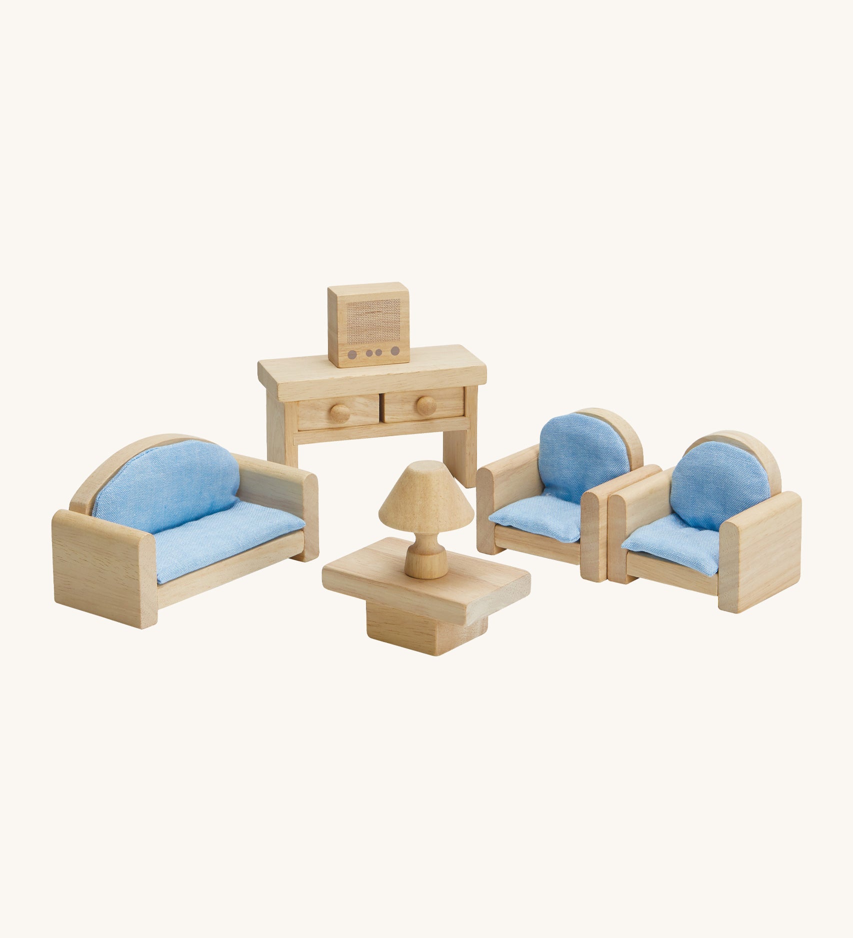 Plan Toys living room furniture set for the doll house. Made from natural, sustainable rubberwood  this living room set includes a sofa for two, two armchairs, coffee table, lamp, television and console table. 