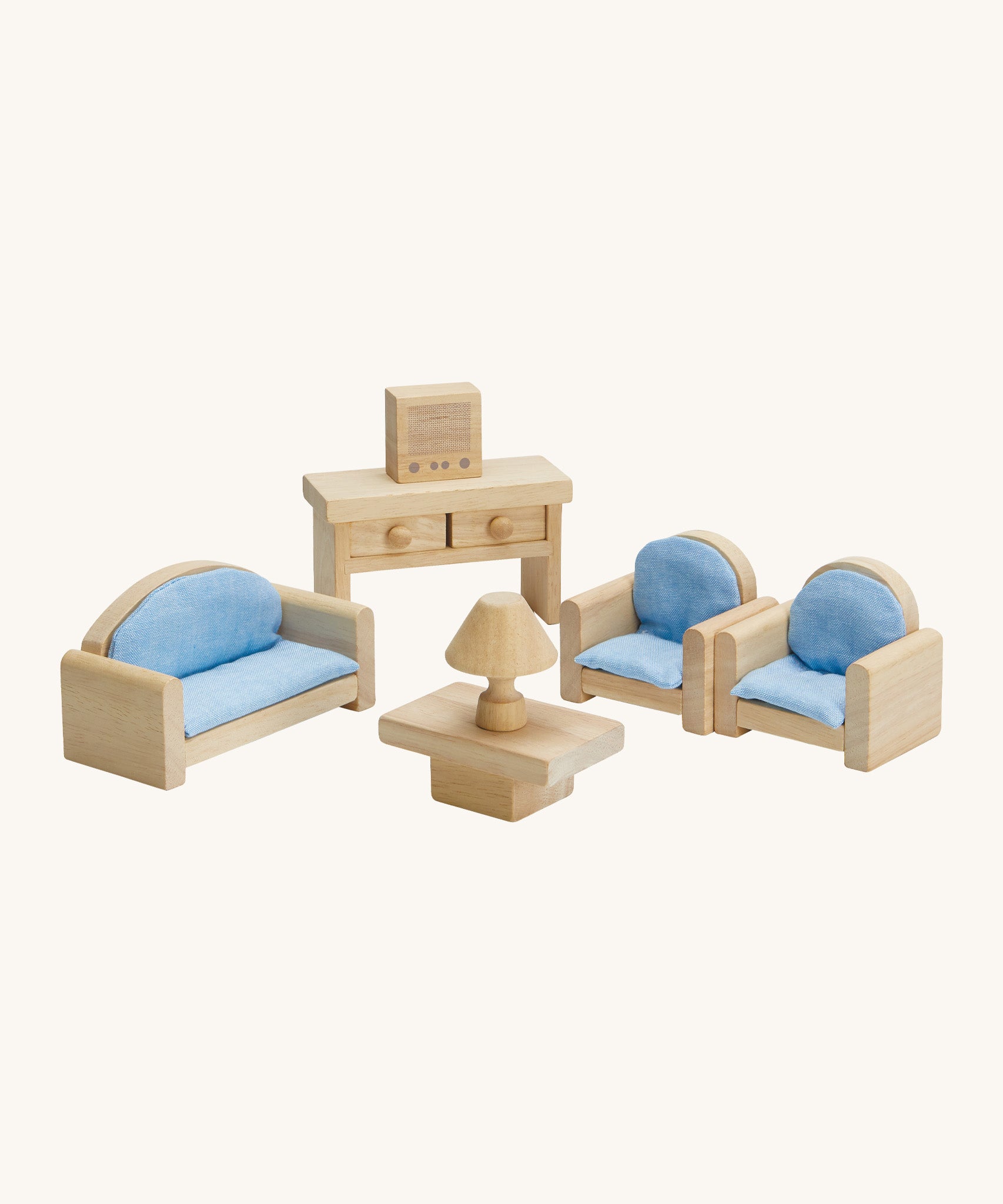 Plan Toys living room furniture set for the doll house. Made from natural, sustainable rubberwood  this living room set includes a sofa for two, two armchairs, coffee table, lamp, television and console table. 