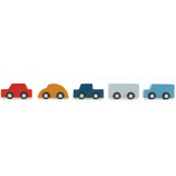 The 5 cars from the Plan Toys Mini Cars Set lined up on a plain background. 
