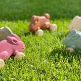 Plan Toys eco-friendly wooden rolling bunny toys laid out in a circle on some bright green grass