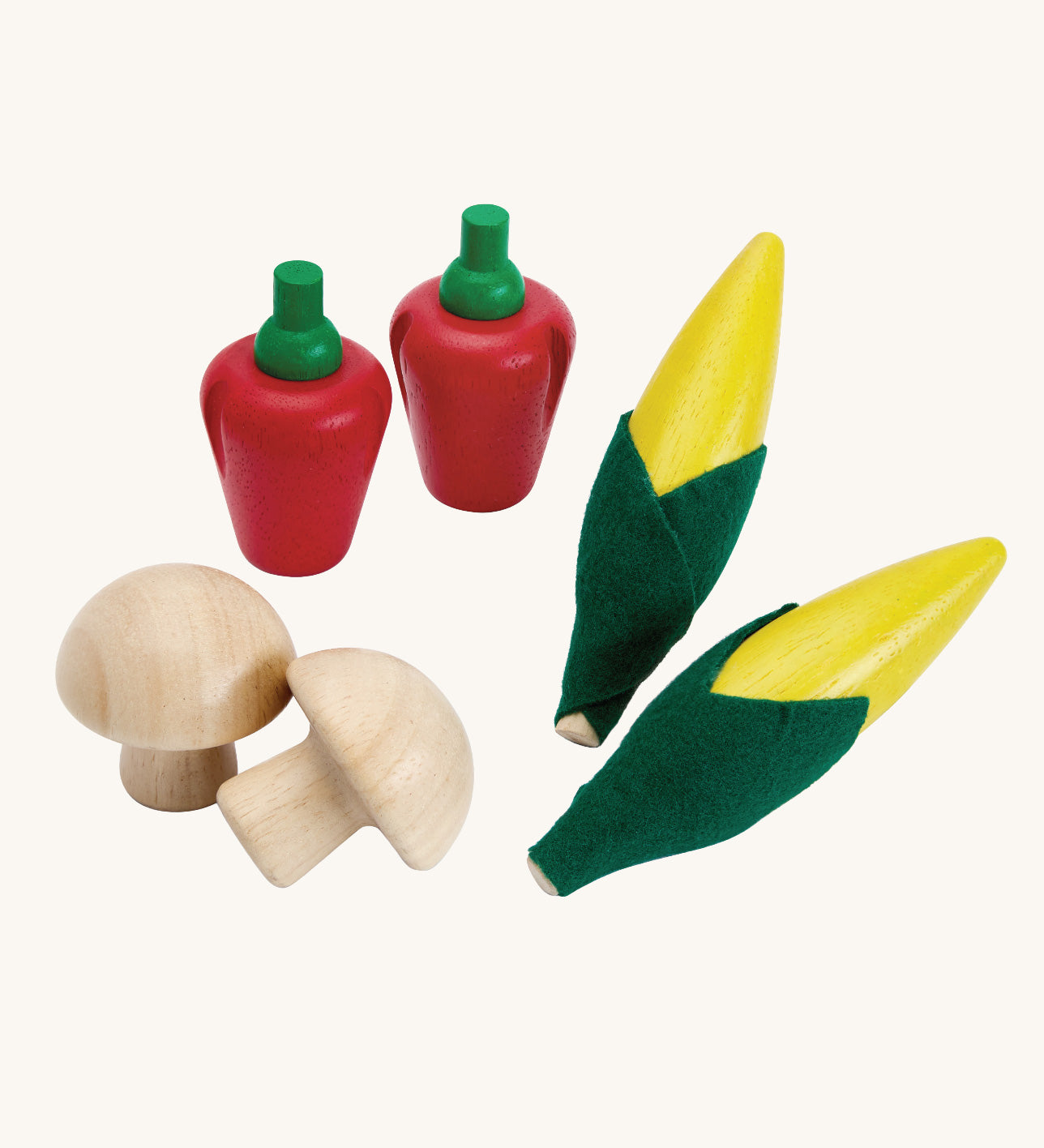 Plan ToysProduce Set containing wooden Corn, Mushrooms & Red Peppers play food. 