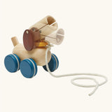 PlanToys push and pull puppy wooden toy. The head is seen blurred in motion.