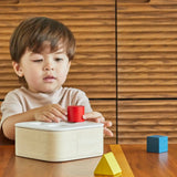 PlanToys shape and sort it out bin wooden shape sorter toy. Child placing the red cylinder block into the slot in the lid. 