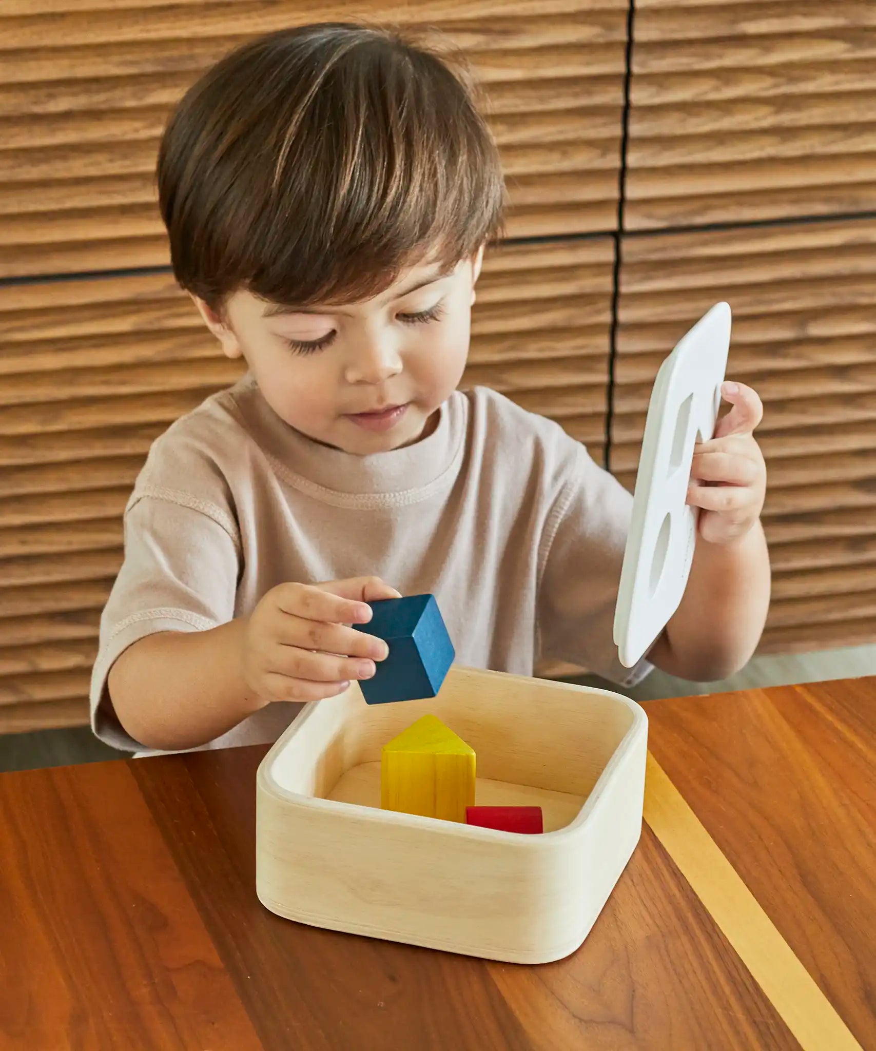 Child playing with the PlanToys shape and sort it out bin wooden shape sorter toy, lifting the lid and placing the coloured wooden blocks inside.