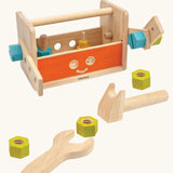 PlanToys wooden robot tool box play set. Includes screws, bolts, a hammer and wrench