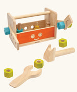 PlanToys wooden robot tool box play set. Includes screws, bolts, a hammer and wrench