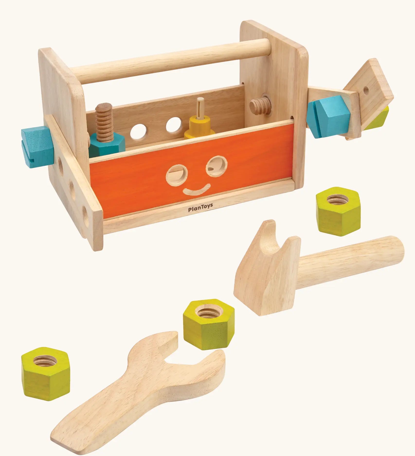 PlanToys wooden robot tool box play set. Includes screws, bolts, a hammer and wrench