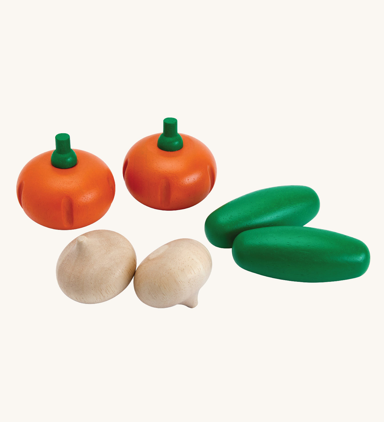 PlanToys wooden play food Produce Set containing Cucumbers, Onions & Pumpkins.