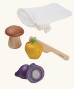 PlanToys wooden veggie play set. Includes loose veg to cut pieces, wooden knife and a net storage bag