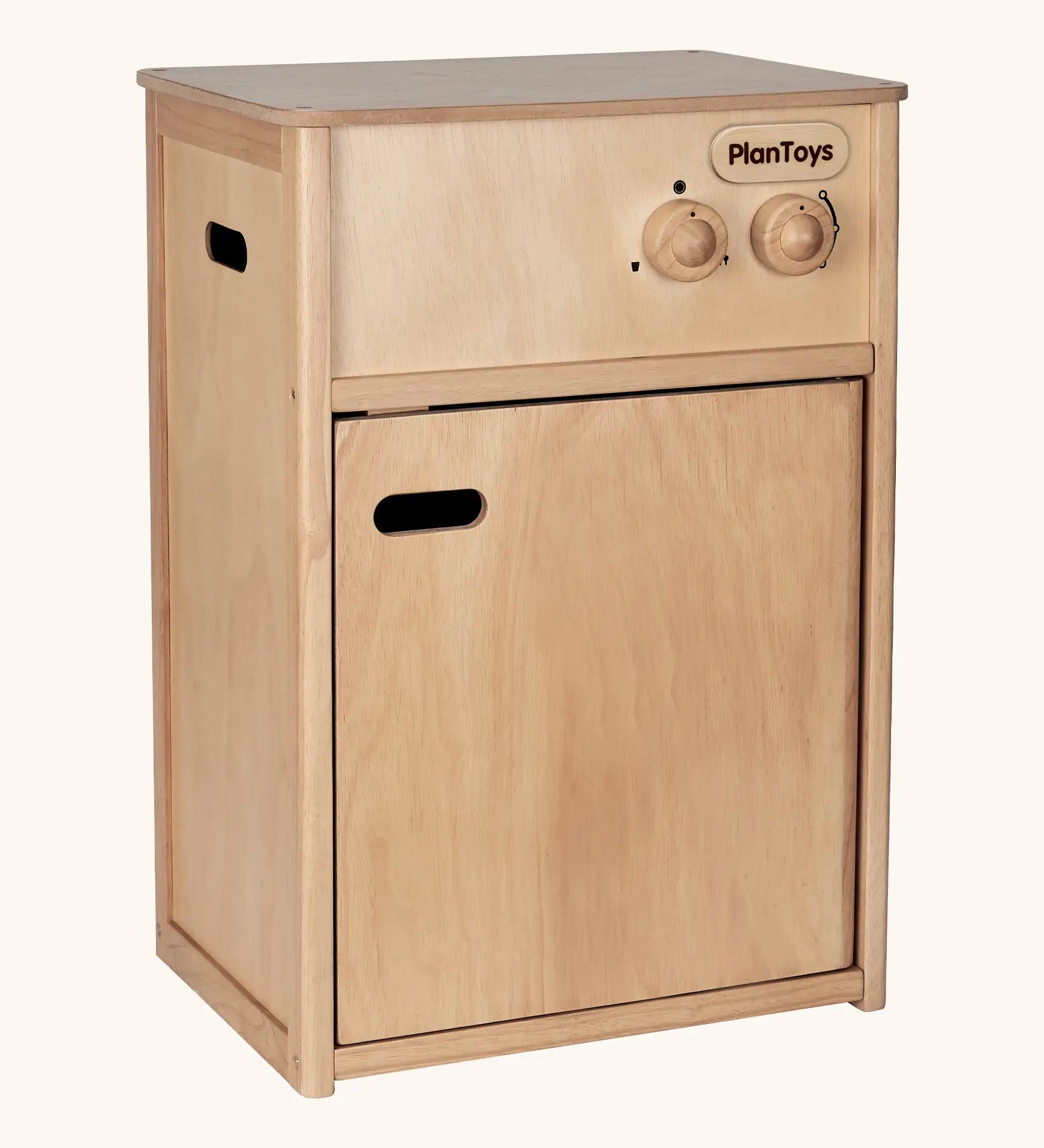 PlanToys wooden play dishwasher unit. Features a bottom compartment and working turning knobs