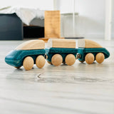 PlanToys blue wooden hybrid train. Three carriage train with magnetic connections. 