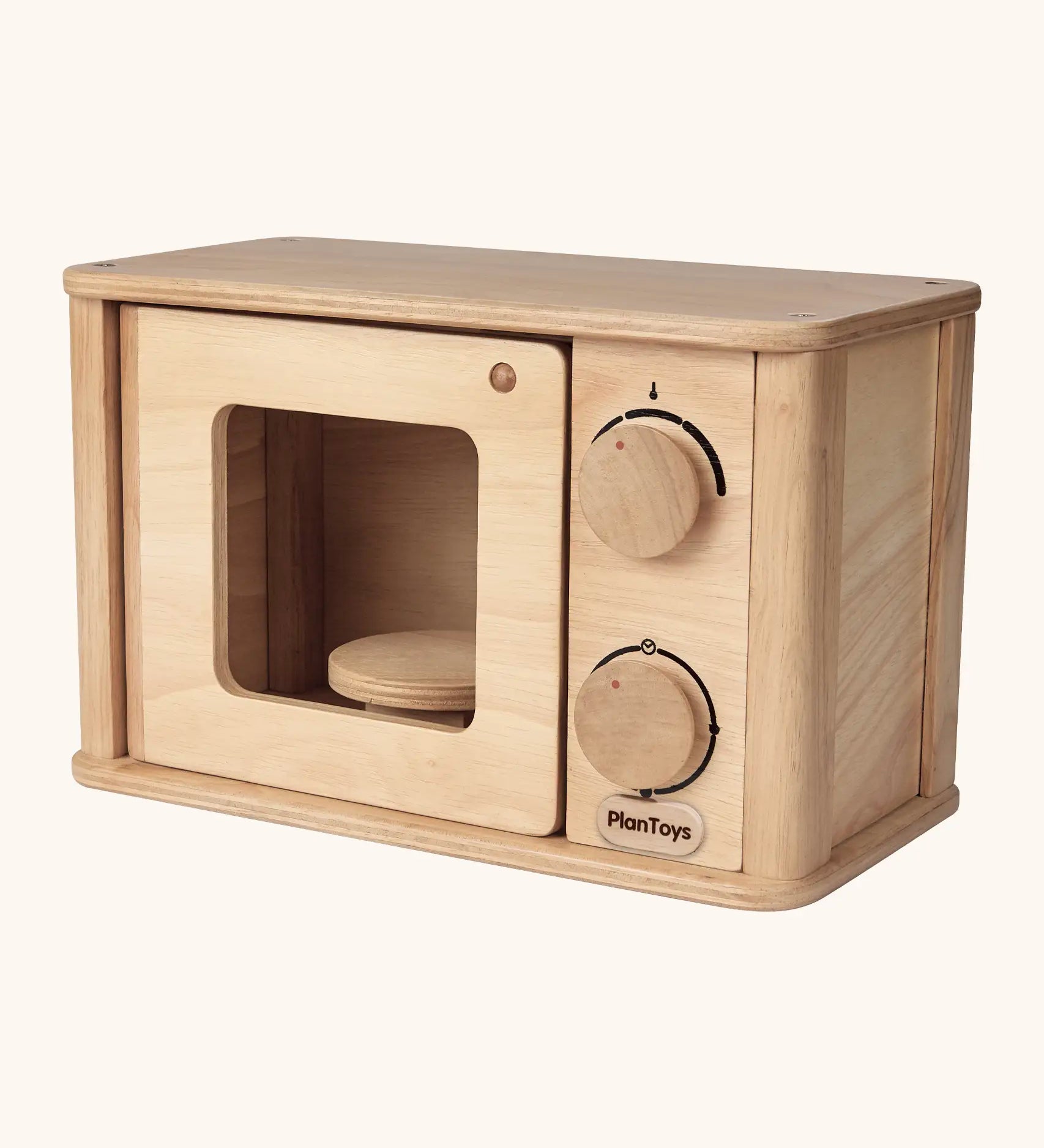 PlanToys wooden microwave play unit. Features working dials and door
