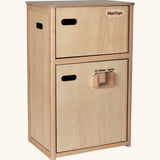 PlanToys wooden play refrigerator unit. Features 2 working doors and a ice maker/water dispenser