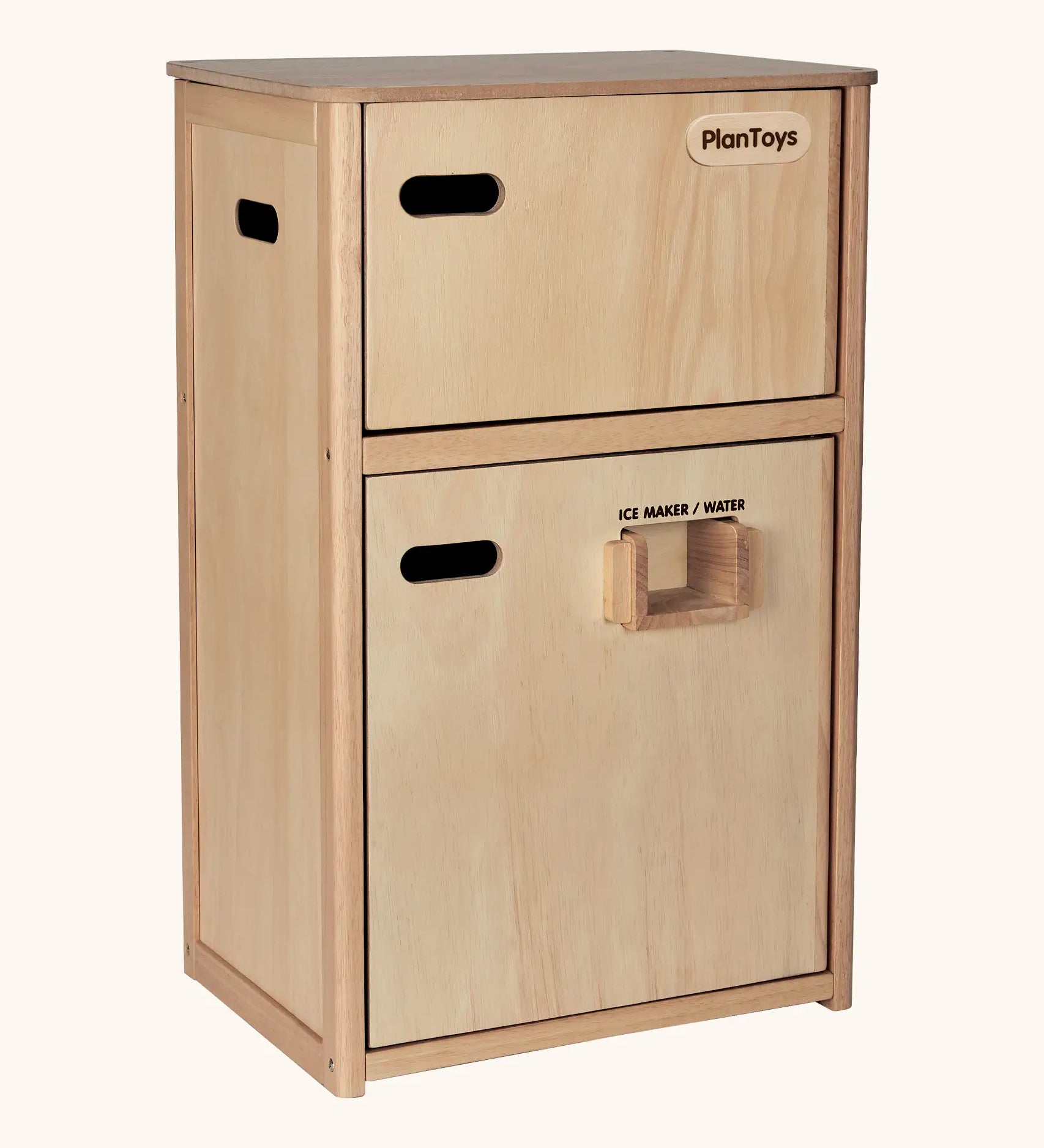 PlanToys wooden play refrigerator unit. Features 2 working doors and a ice maker/water dispenser