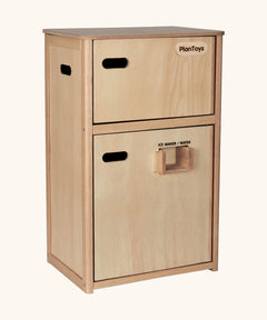 PlanToys wooden play refrigerator unit. Features 2 working doors and a ice maker/water dispenser
