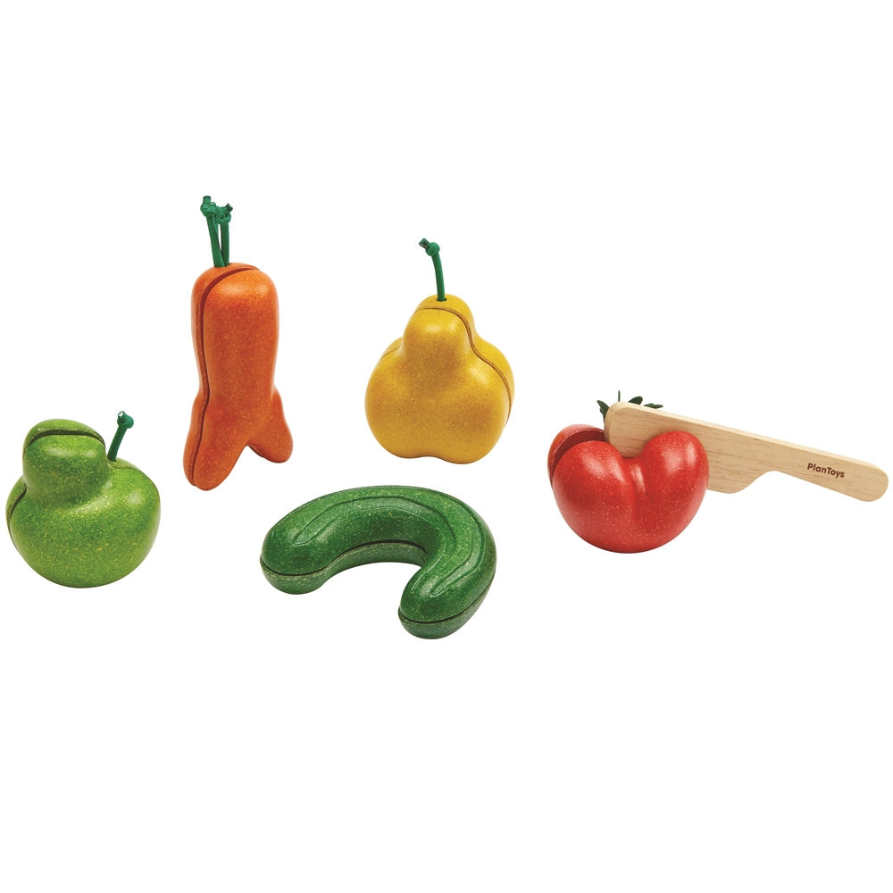 All the pieces from the PlanToys Wonky Fruit & Vegetables set. 