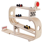 The PlanToys Ramp Racer with all three cars on the track on a plain background. 