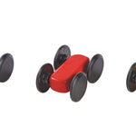 The three cars, one blue, one red and one yellow from the PlanToys ramp racer set on a plain background. 