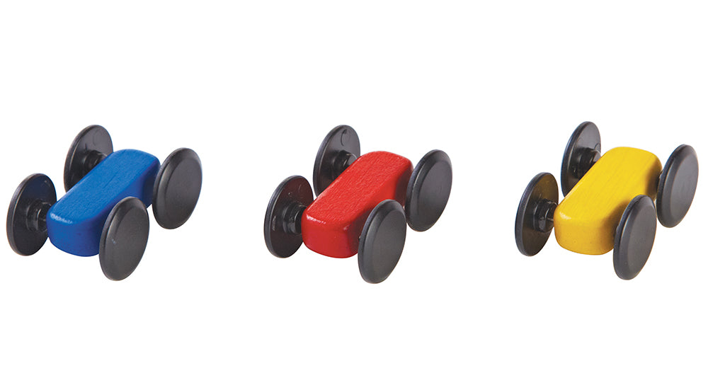 The three cars, one blue, one red and one yellow from the PlanToys ramp racer set on a plain background. 
