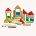 PlanToys 40 Colourful Unit Blocks on a plain background. 