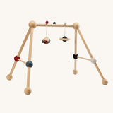 PlanToys High Contrast Wooden Baby Play Gym. A wooden baby gym with high contrast coloured features and detailing. The gym comes with two wooden hanging toys, a planet and a rocket. PlanToys range of toys are made from sustainably sourced rubberwood, we're proud stockists of PlanToys here at Babipur. 