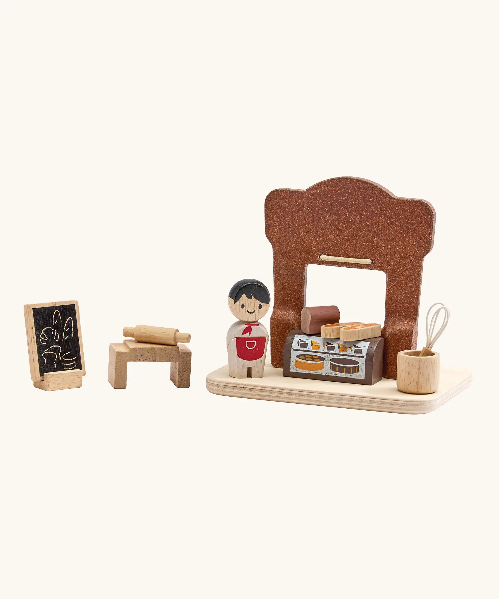Back of the PlanToys bakery shop wooden toy playset.