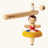 PlanToys wooden ballet spinning top. Includes a handle with string to thread and a ballerina spinning top