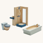 The PlanToys Bathroom Dolls House Furniture set on a plain background. 