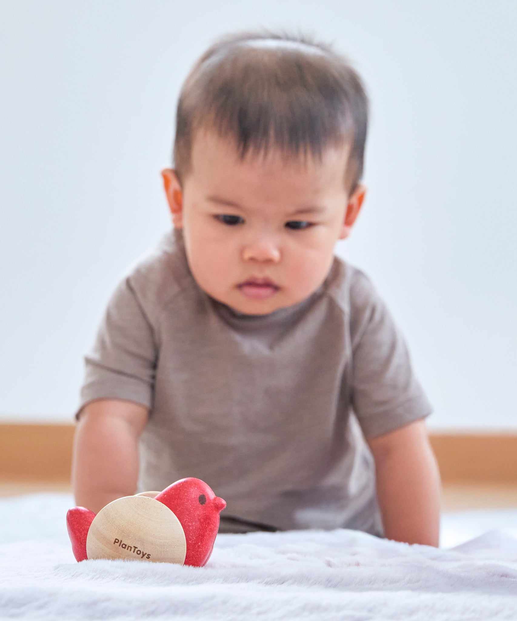 A baby crawling towards the Plan Toys Bird Roller - a rocking baby toy made from rubberwood.