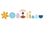 Different shaped pieces from the PlanToys Waldorf mandala blocks set lined up on a white background