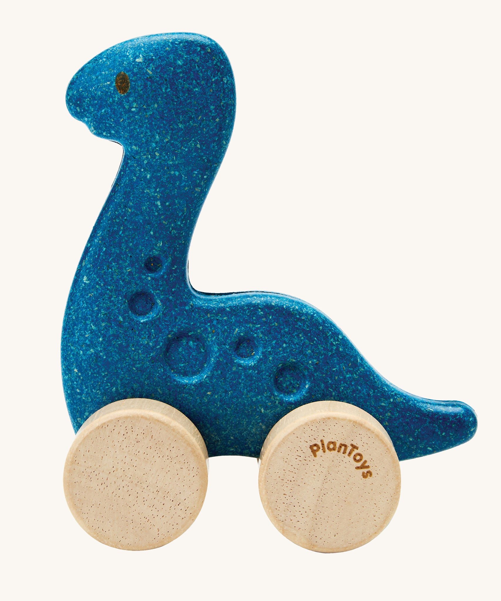 A PlanToys Diplo Dino wooden Car toy. A blue coloured diplodocus dinosaur on wheels. PlanToys range of toys are made from sustainably sourced rubberwood, we're proud stockists of PlanToys here at Babipur. 