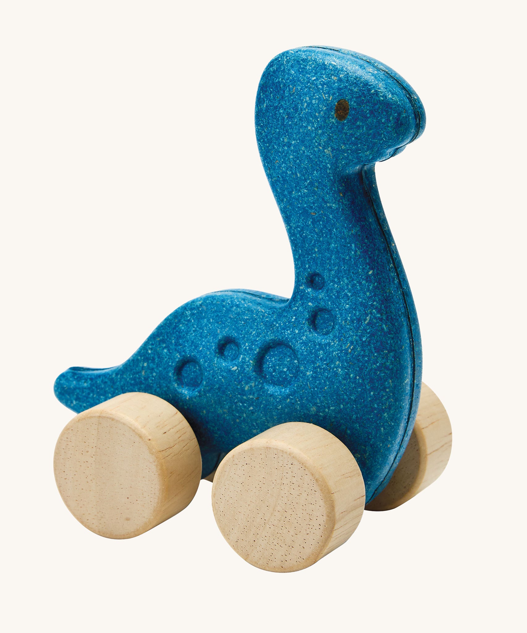 A PlanToys Diplo Dino wooden Car toy. A blue coloured diplodocus dinosaur on wheels. PlanToys range of toys are made from sustainably sourced rubberwood, we're proud stockists of PlanToys here at Babipur. 
