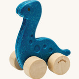 A PlanToys Diplo Dino wooden Car toy. A blue coloured diplodocus dinosaur on wheels. PlanToys range of toys are made from sustainably sourced rubberwood, we're proud stockists of PlanToys here at Babipur. 