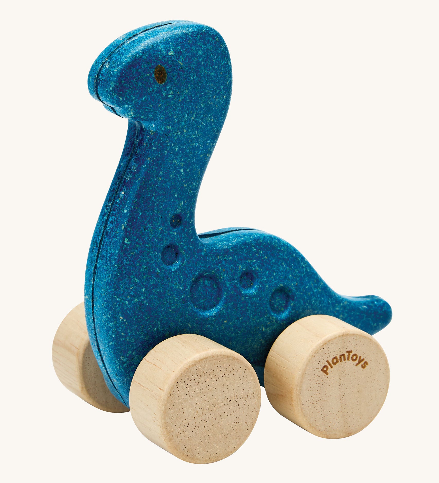A PlanToys Diplo Dino wooden Car toy. A blue coloured diplodocus dinosaur on wheels. PlanToys range of toys are made from sustainably sourced rubberwood, we're proud stockists of PlanToys here at Babipur. 