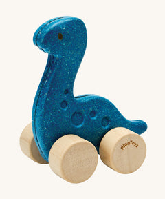 A PlanToys Diplo Dino wooden Car toy. A blue coloured diplodocus dinosaur on wheels. PlanToys range of toys are made from sustainably sourced rubberwood, we're proud stockists of PlanToys here at Babipur. 