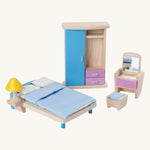 The Plan Toys Dolls House Bedroom neo set on a plain background. 
