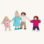 The PlanToys Dolls House Family with- White Skin, Brown and Blonde Hair on a plain background. 