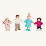The PlanToys Dolls House Family with- White Skin, Brown and Blonde Hair on a plain background. 