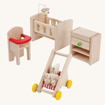 PlanToys Wooden Dolls House Nursery Furniture Set on a plain background. 