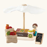 PlanToys Farmer's Market wooden toy playset. Market stall with produce , scales, advert board, mini jute bags and worker.