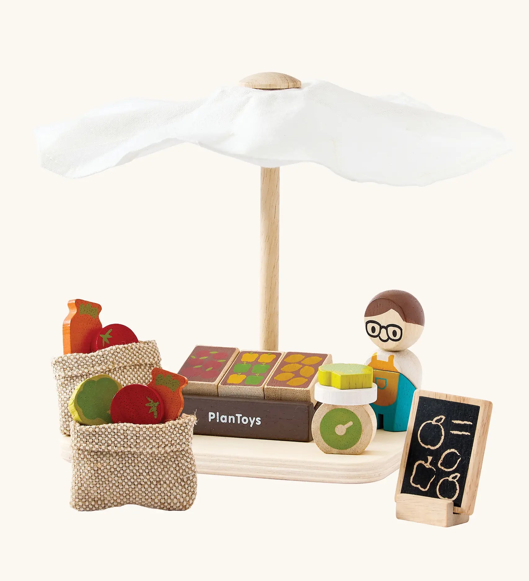 PlanToys Farmer's Market wooden toy playset. Market stall with produce , scales, advert board, mini jute bags and worker.