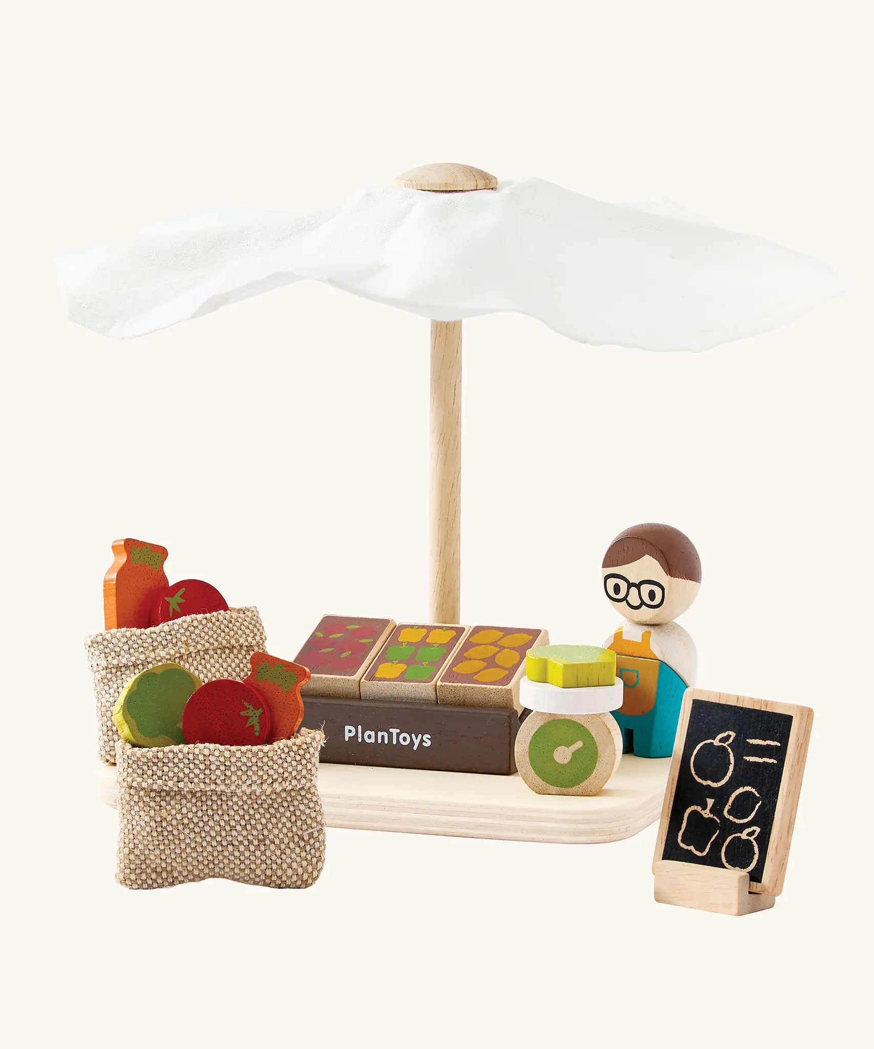 PlanToys Farmer's Market wooden toy playset. Market stall with produce , scales, advert board, mini jute bags and worker.