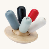 PlanToys Flexi Jellyfish wooden high contrast baby toy. A wooden top with high contrast, white, greys, black and red flexible wooden pieces for the jellyfish legs. PlanToys range of toys are made from sustainably sourced rubberwood, we're proud stockists of PlanToys here at Babipur. 