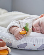 Close up of a sleeping baby holding onto the PlanToys plastic-free wooden flexi jellyfish toy