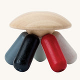 PlanToys Flexi Jellyfish wooden high contrast baby toy. A wooden top with high contrast, white, greys, black and red flexible wooden pieces for the jellyfish legs. PlanToys range of toys are made from sustainably sourced rubberwood, we're proud stockists of PlanToys here at Babipur. 