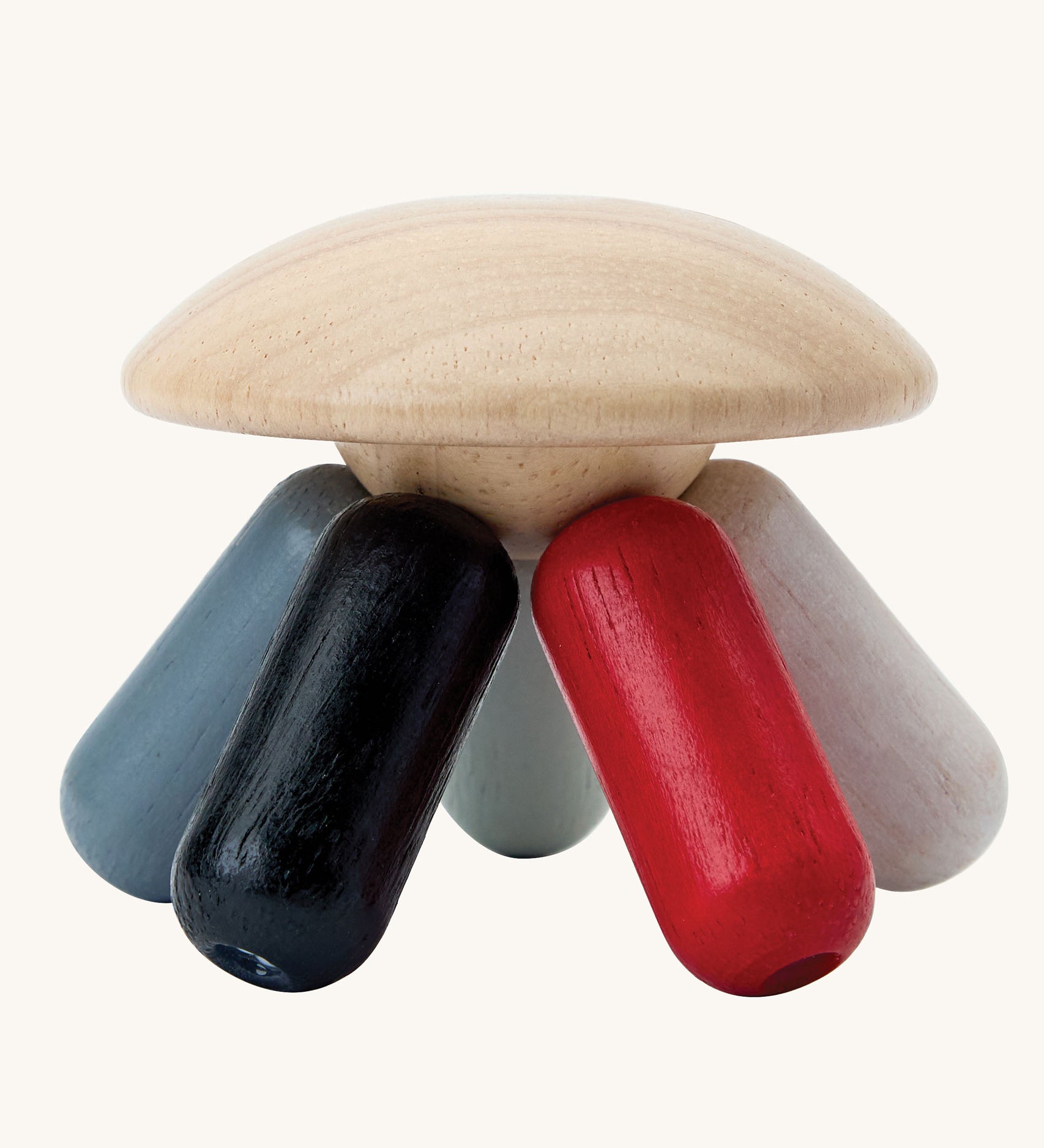 PlanToys Flexi Jellyfish wooden high contrast baby toy. A wooden top with high contrast, white, greys, black and red flexible wooden pieces for the jellyfish legs. PlanToys range of toys are made from sustainably sourced rubberwood, we're proud stockists of PlanToys here at Babipur. 