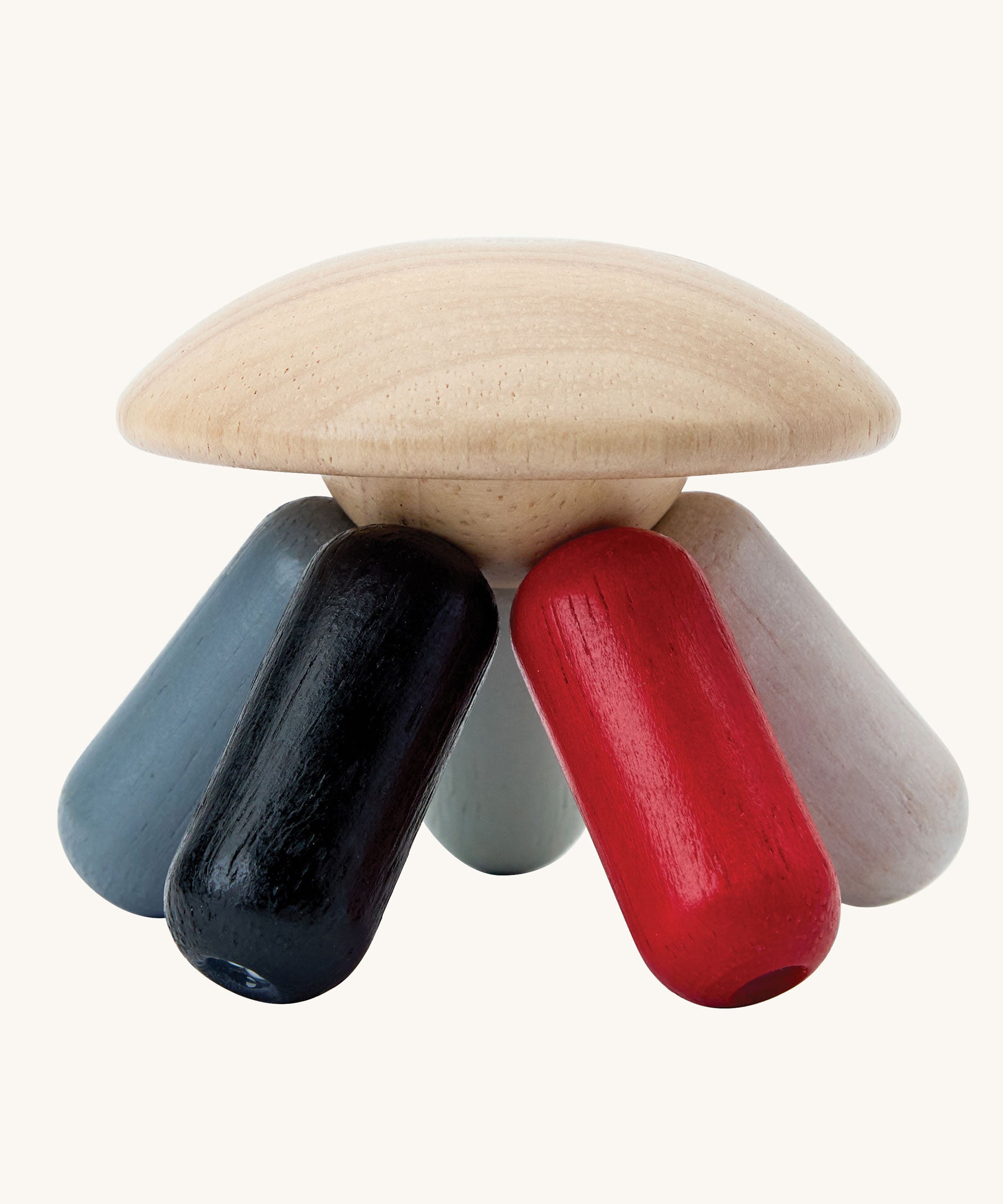 PlanToys Flexi Jellyfish wooden high contrast baby toy. A wooden top with high contrast, white, greys, black and red flexible wooden pieces for the jellyfish legs. PlanToys range of toys are made from sustainably sourced rubberwood, we're proud stockists of PlanToys here at Babipur. 